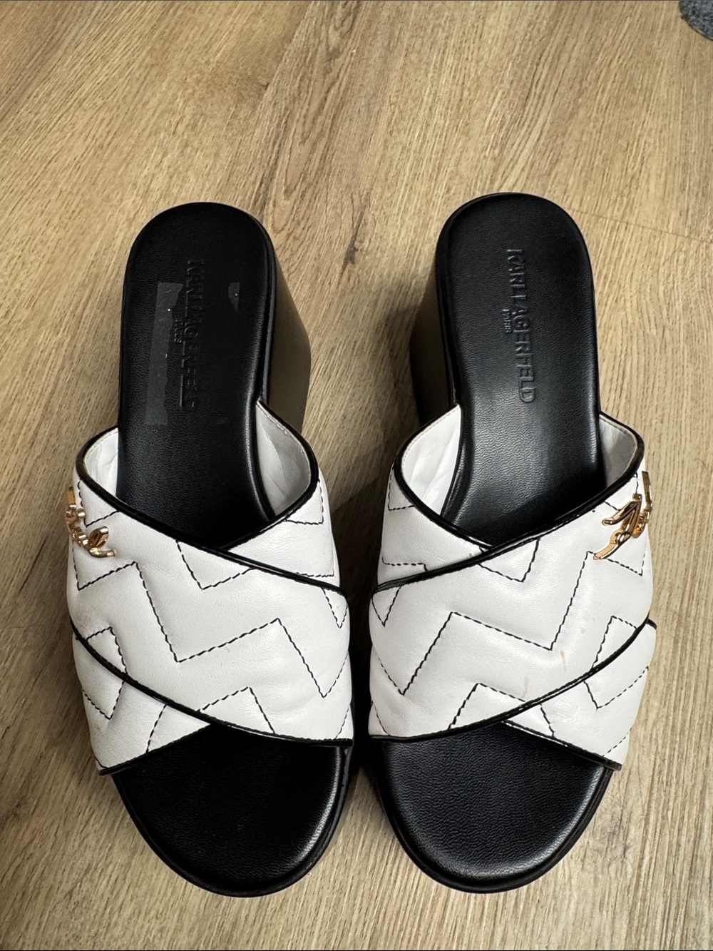 White Quilted Slide Sandals with Gold Accent - Women